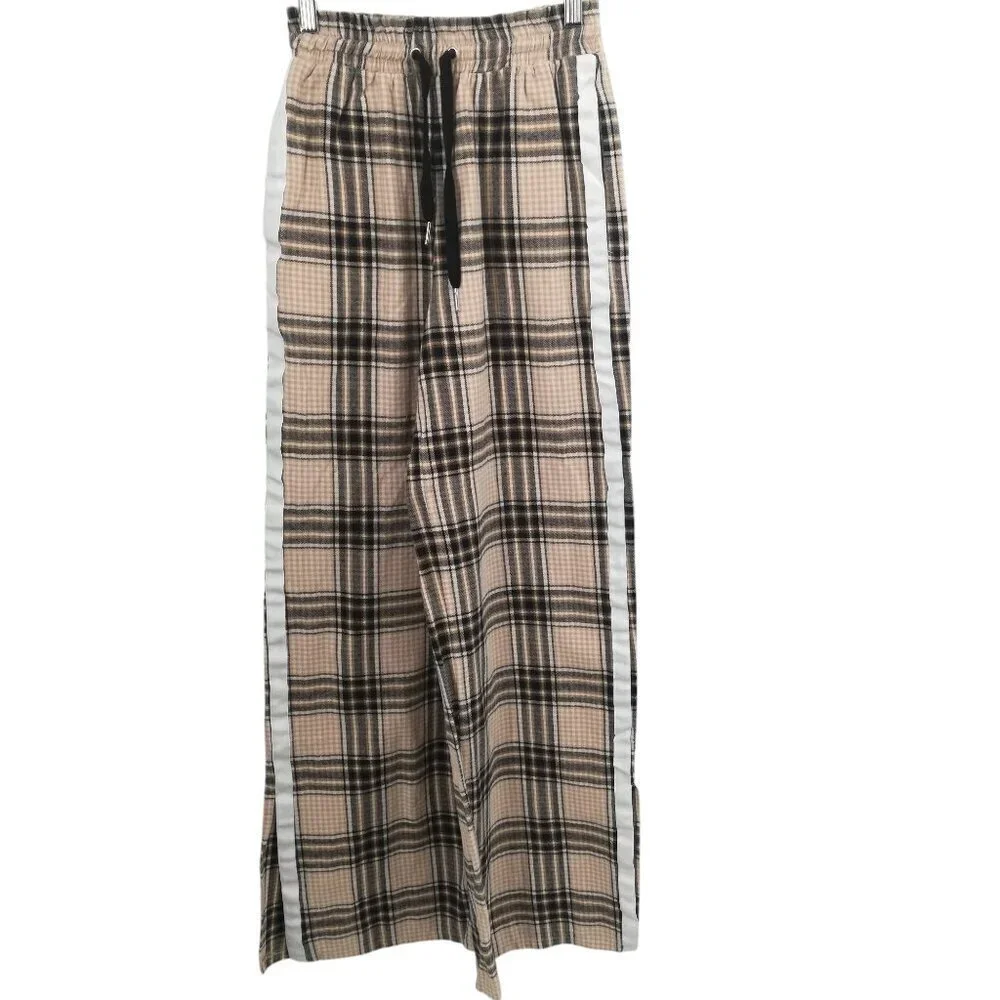Maniere De Voir Plaid Flannel Wide Leg Pull On Elastic Waist Pants Size 8 Beige
